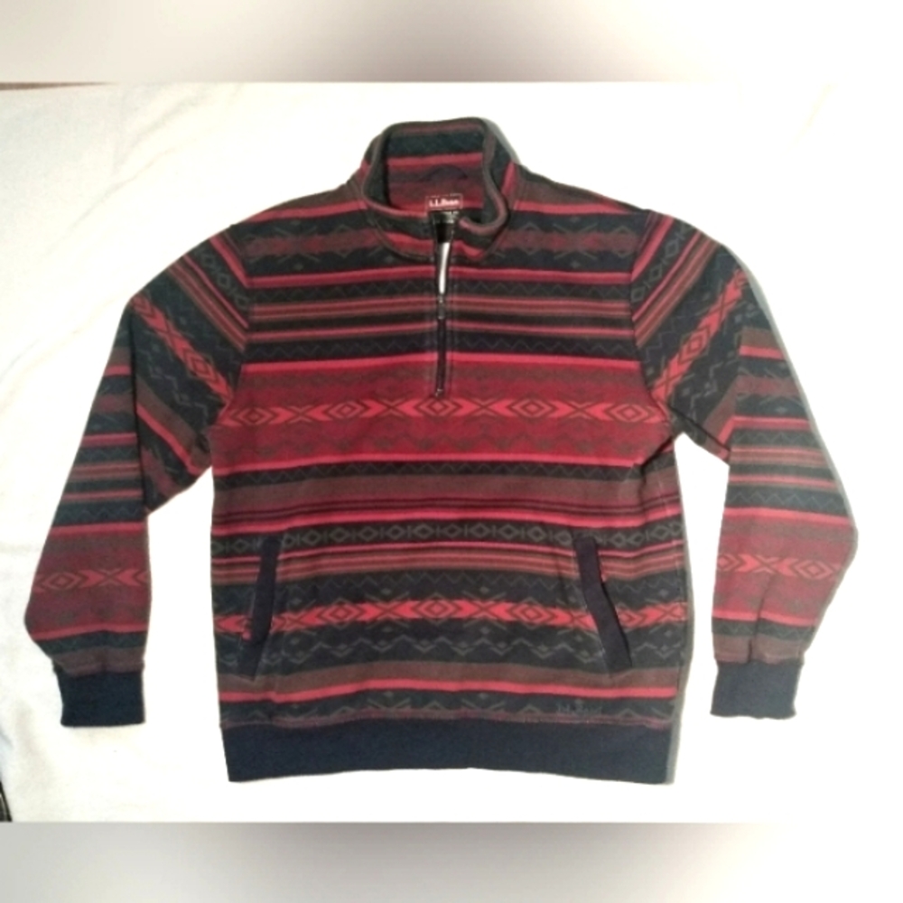 L.L BEAN Aztec Southwestern Quarter Zip Kangaroo Pocket Mens Medium Sweatshirt